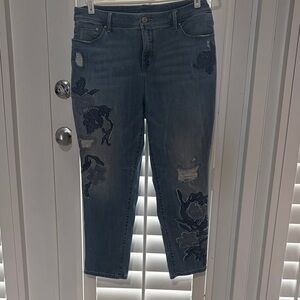 Chico's Distressed Blue Floral Crop Jeans